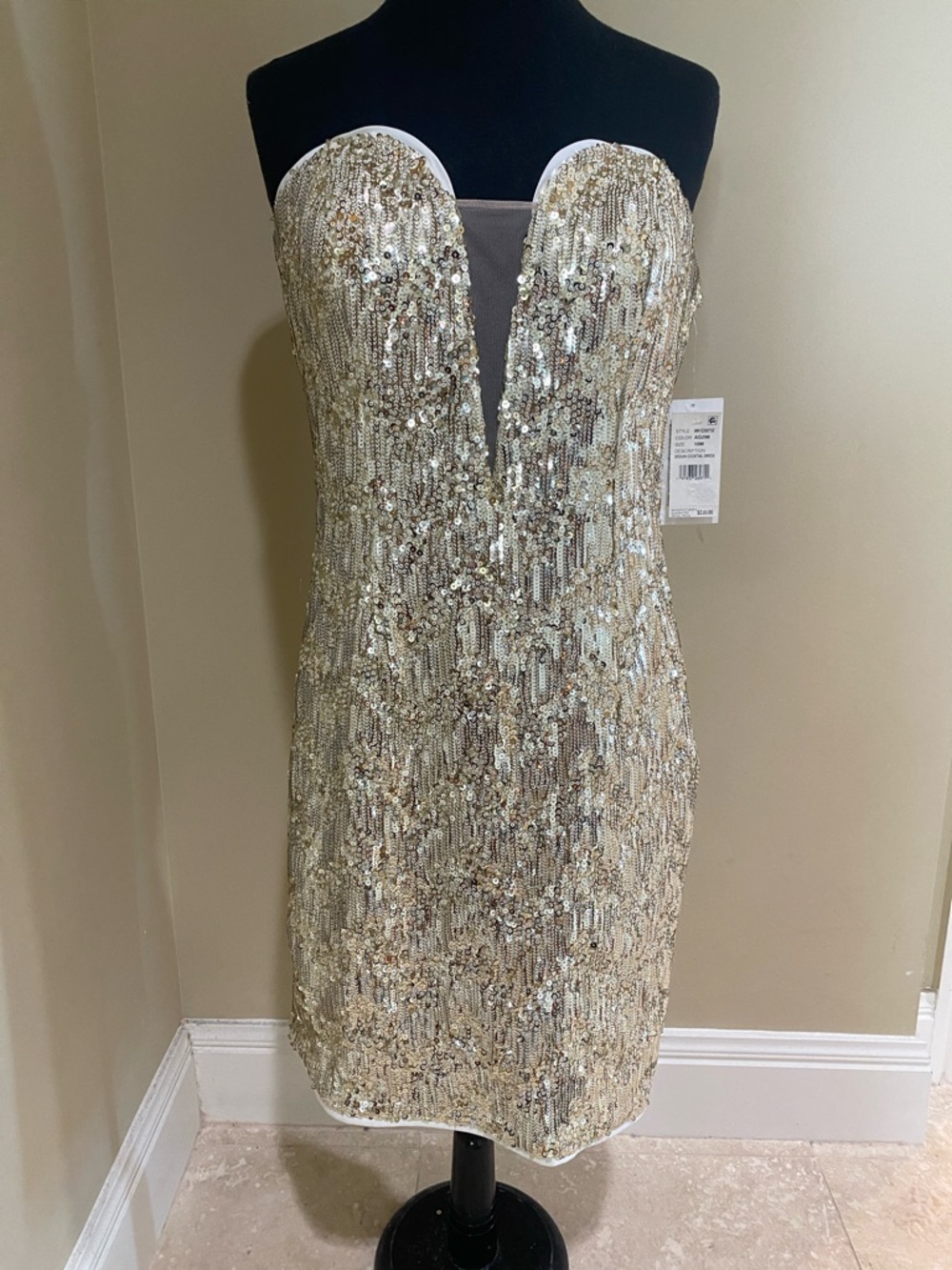 NWT Gold Sequin Strapless Sequin Dress, sz 10